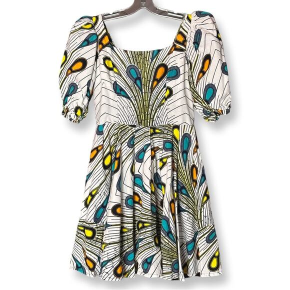 Unbranded Dresses & Skirts - Square Neck Puff Sleeve African Ankara Peacock Print Short Dress